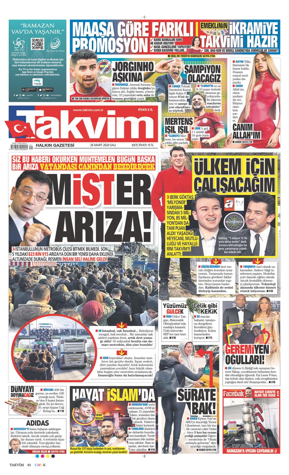 26 Mart 2024 Salı - Takvim gazetesi manşet