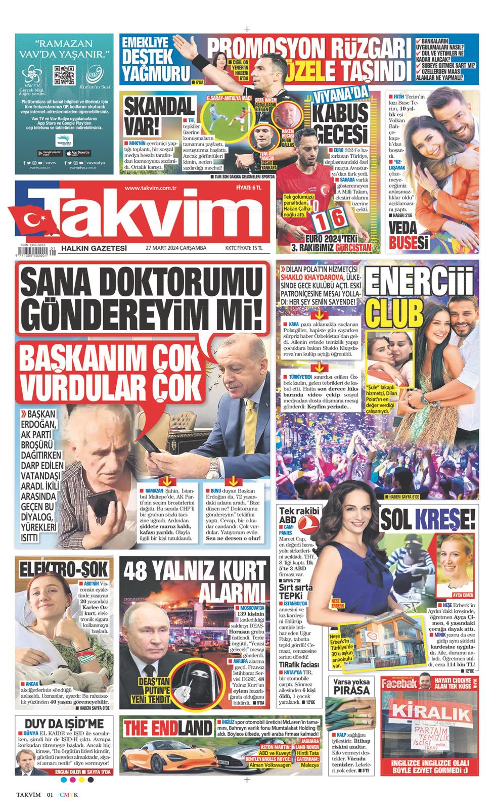 27 Mart 2024 Çarşamba - Takvim gazetesi manşet