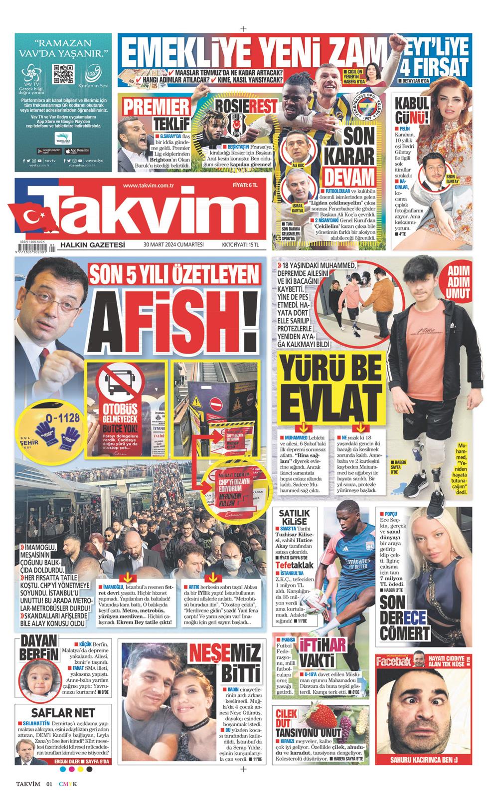 30 Mart 2024 Cumartesi - Takvim gazetesi manşet