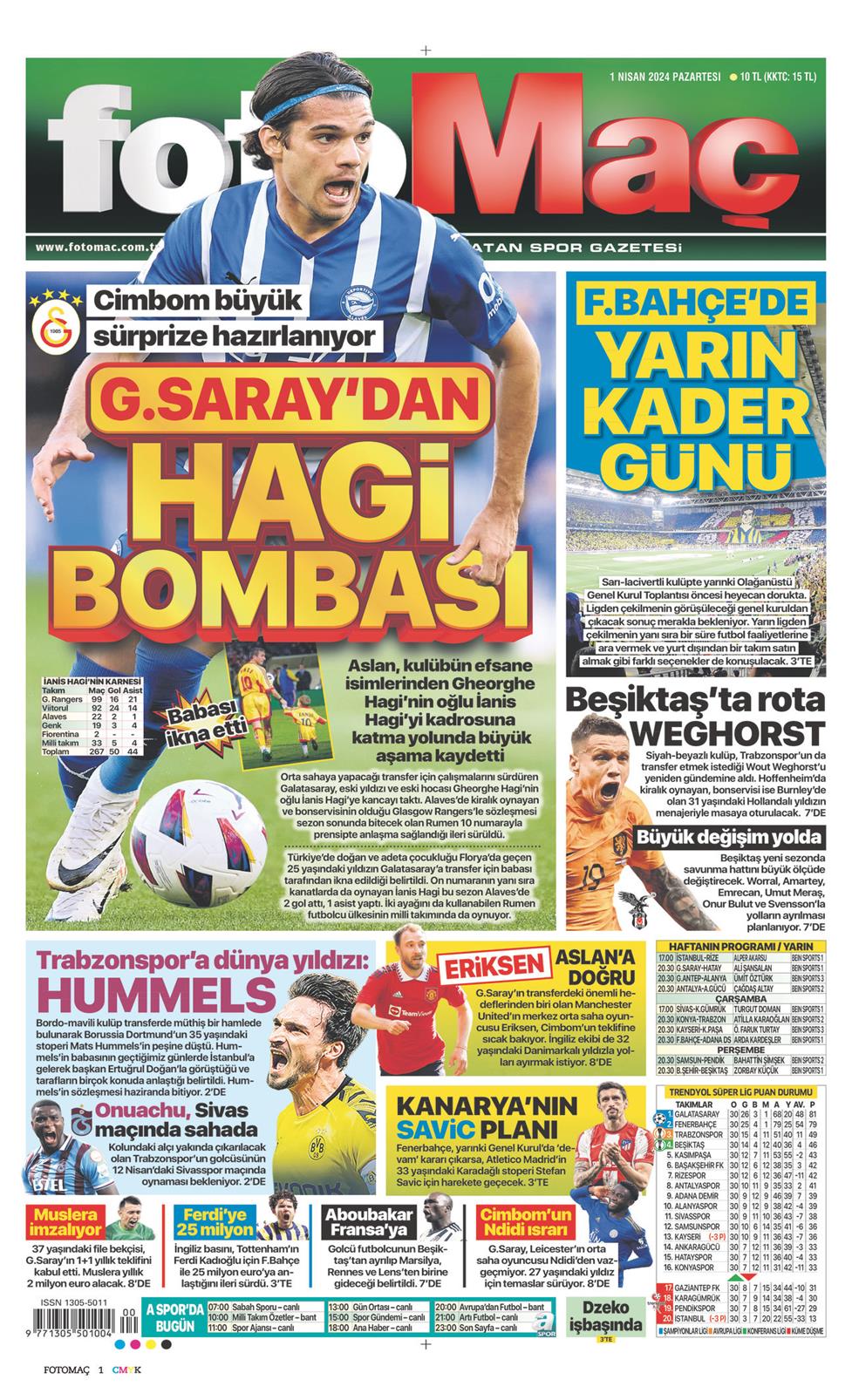 01 Nisan 2024 Pazartesi - Fotomaç gazetesi manşet