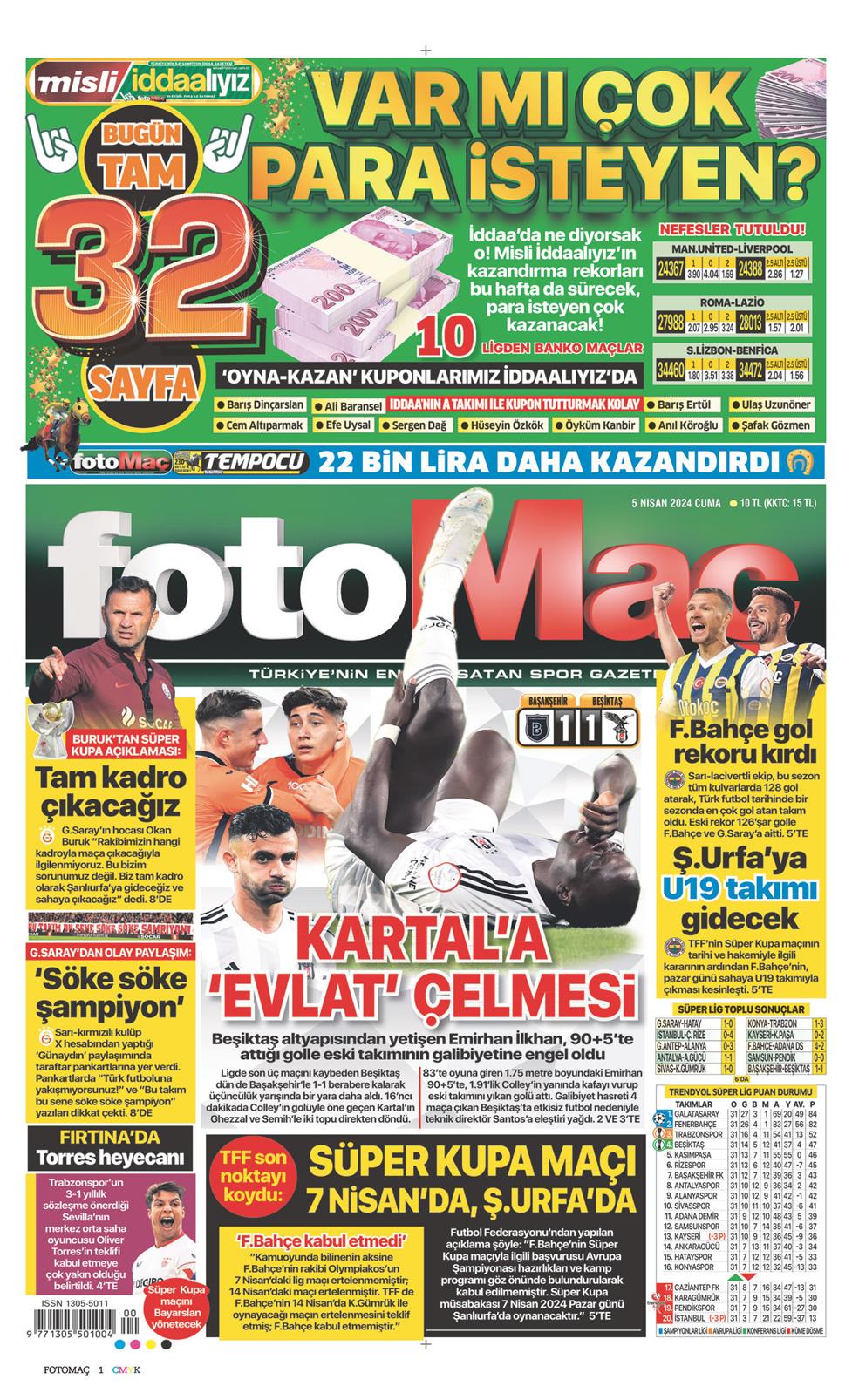 05 Nisan 2024 Cuma - Fotomaç gazetesi manşet