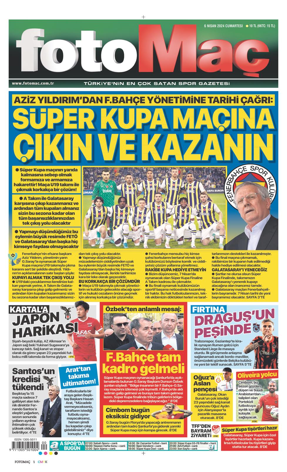 06 Nisan 2024 Cumartesi - Fotomaç gazetesi manşet