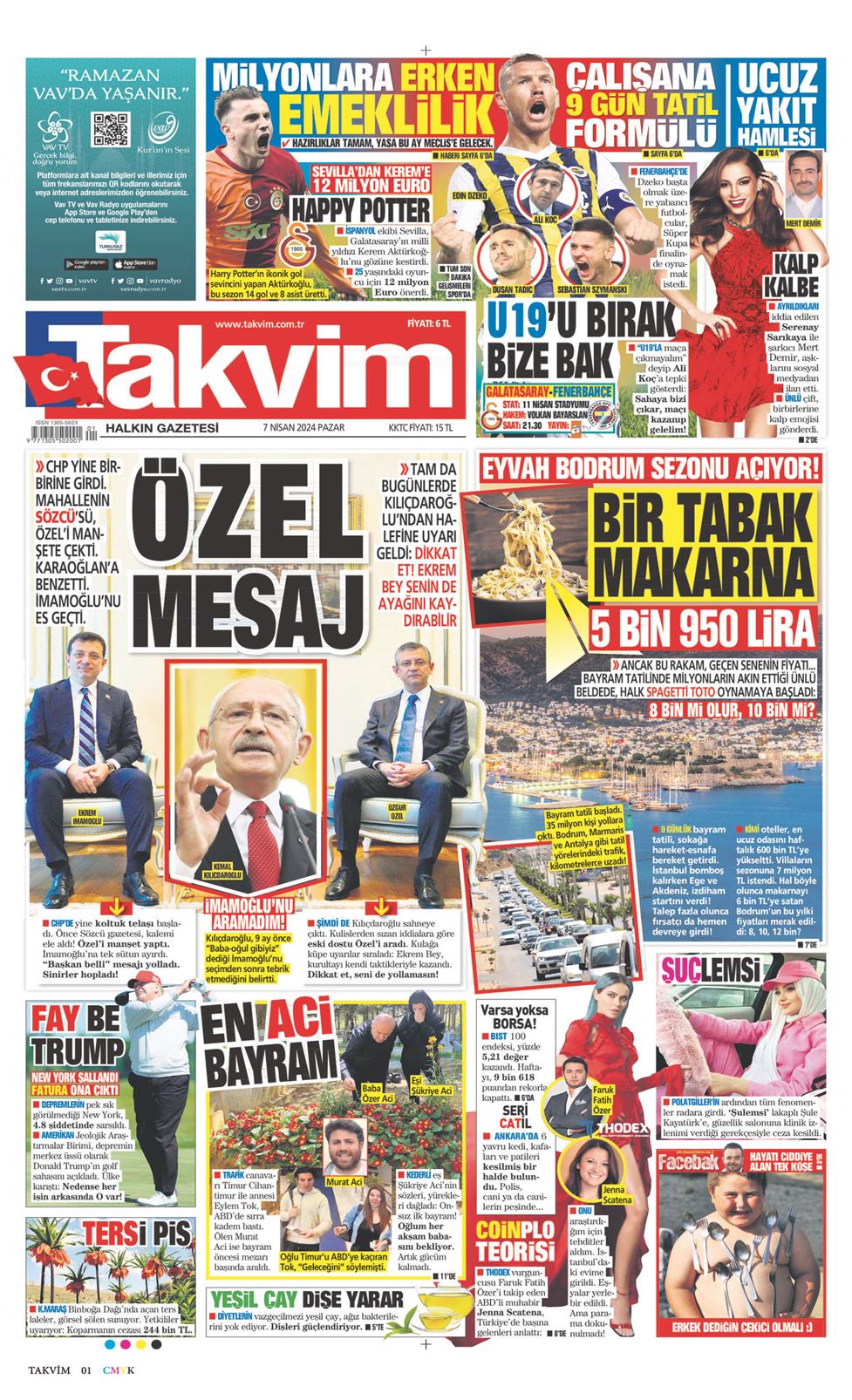 07 Nisan 2024 Pazar - Takvim gazetesi manşet