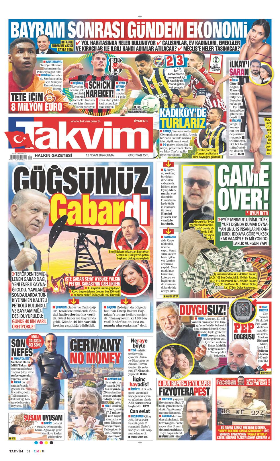 12 Nisan 2024 Cuma - Takvim gazetesi manşet