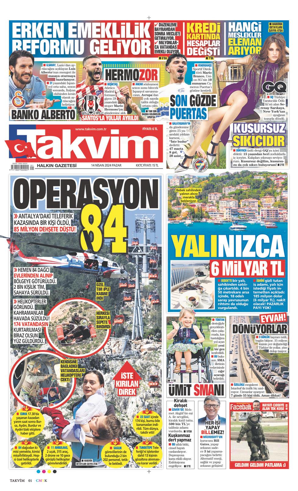 14 Nisan 2024 Pazar - Takvim gazetesi manşet