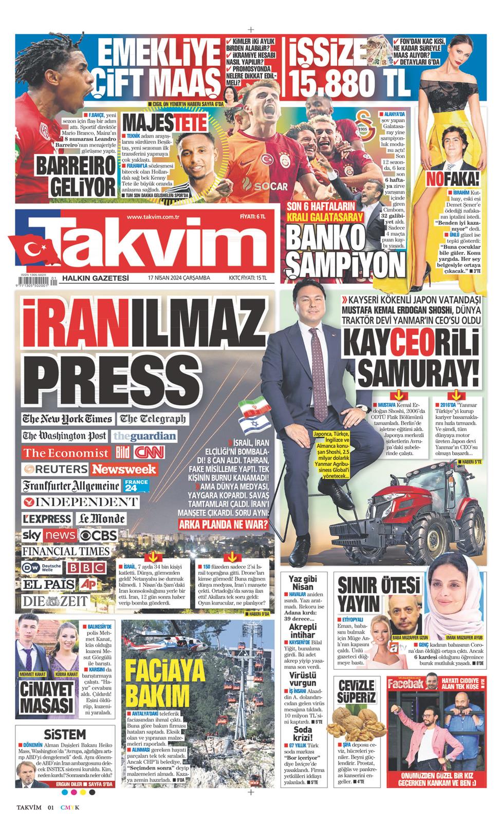 17 Nisan 2024 Çarşamba - Takvim gazetesi manşet