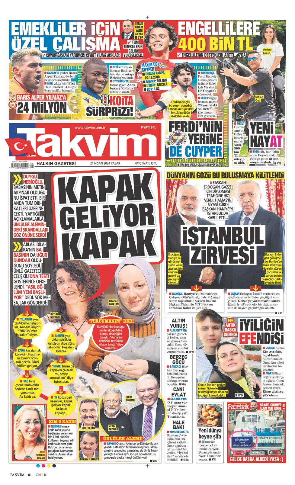 21 Nisan 2024 Pazar - Takvim gazetesi manşet