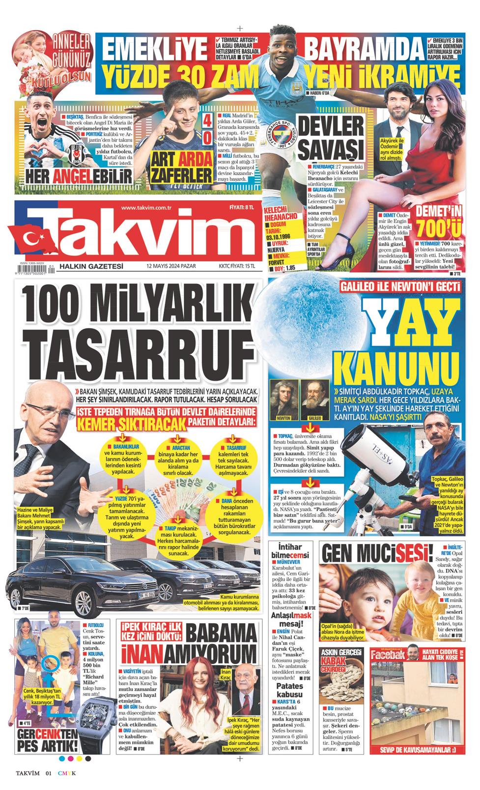 12 Mayıs 2024 Pazar - Takvim gazetesi manşet