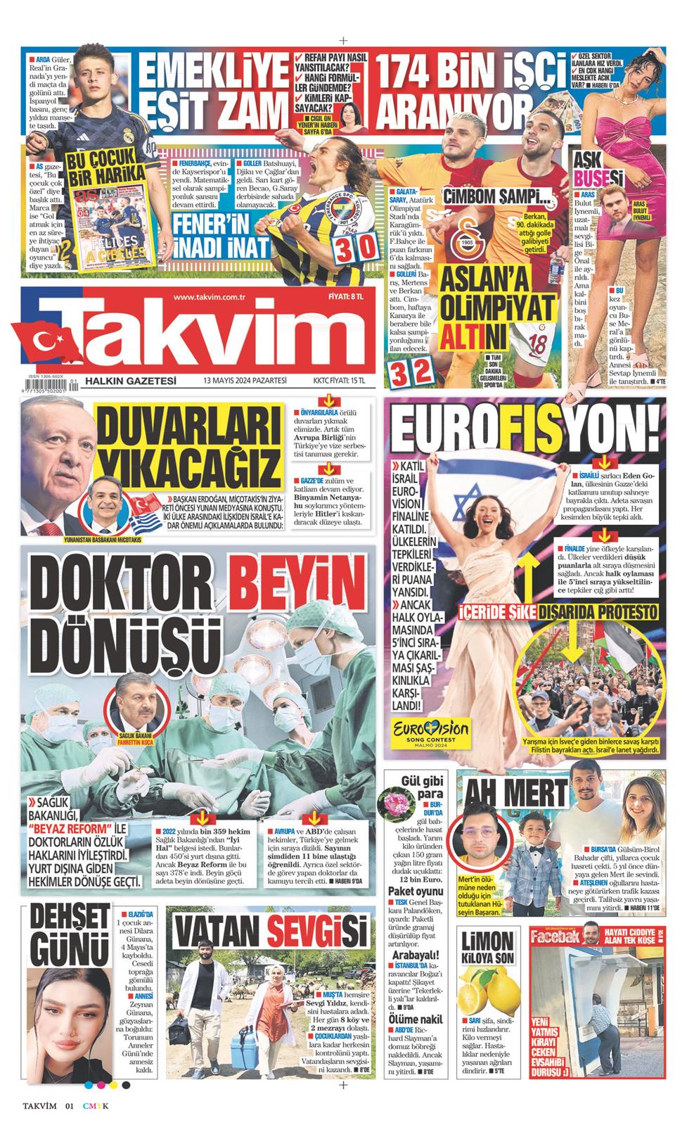 13 Mayıs 2024 Pazartesi - Takvim gazetesi manşet