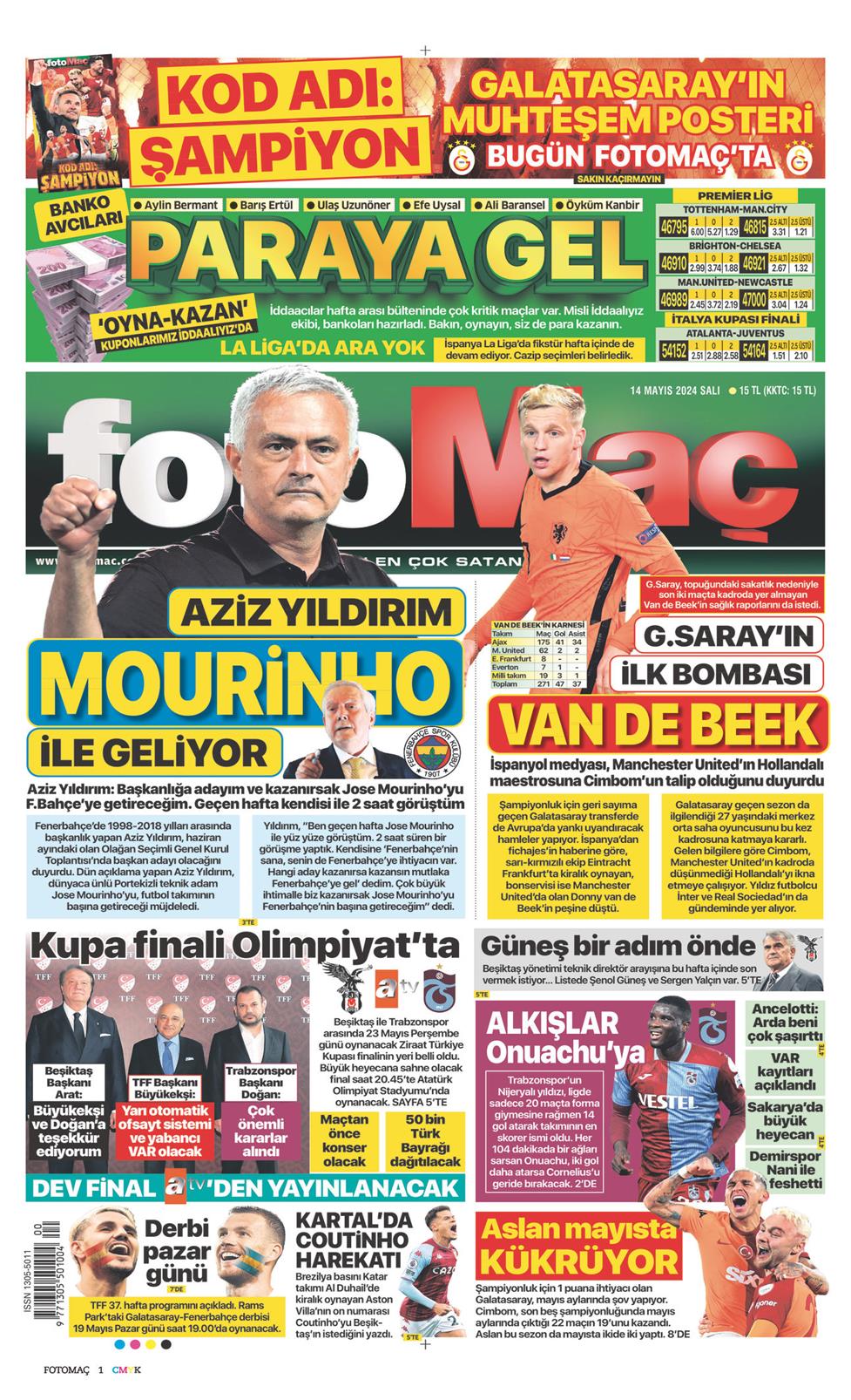 14 Mayıs 2024 Salı - Fotomaç gazetesi manşet