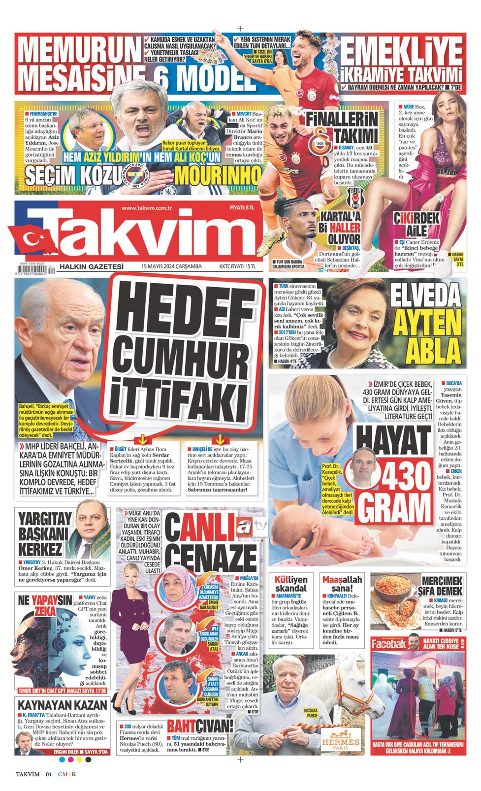 15 Mayıs 2024 Çarşamba - Takvim gazetesi manşet