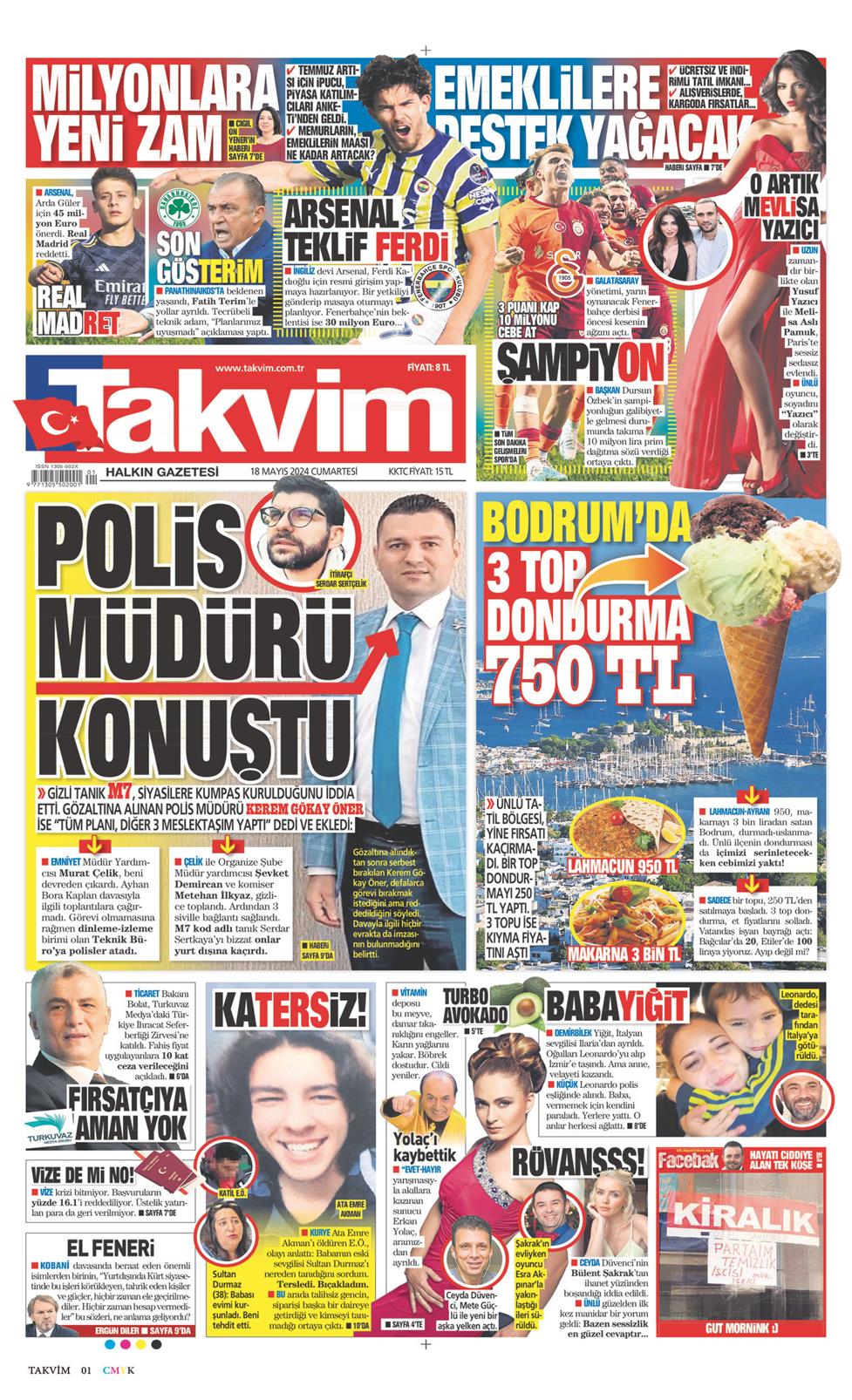 18 Mayıs 2024 Cumartesi - Takvim gazetesi manşet