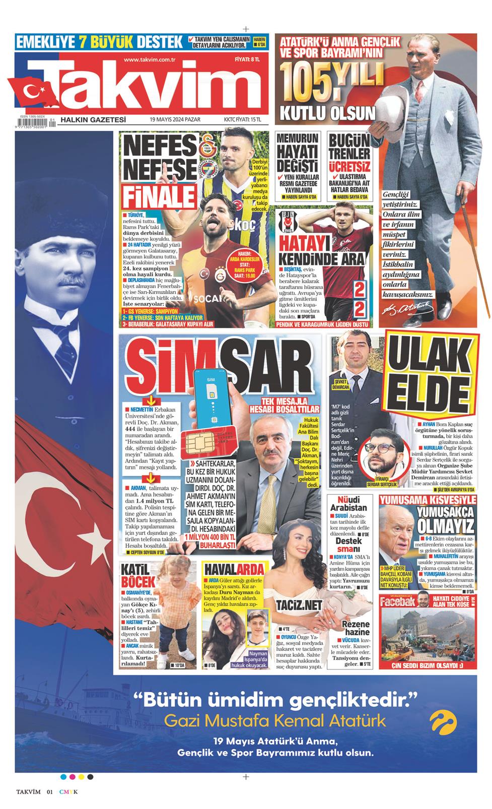 19 Mayıs 2024 Pazar - Takvim gazetesi manşet