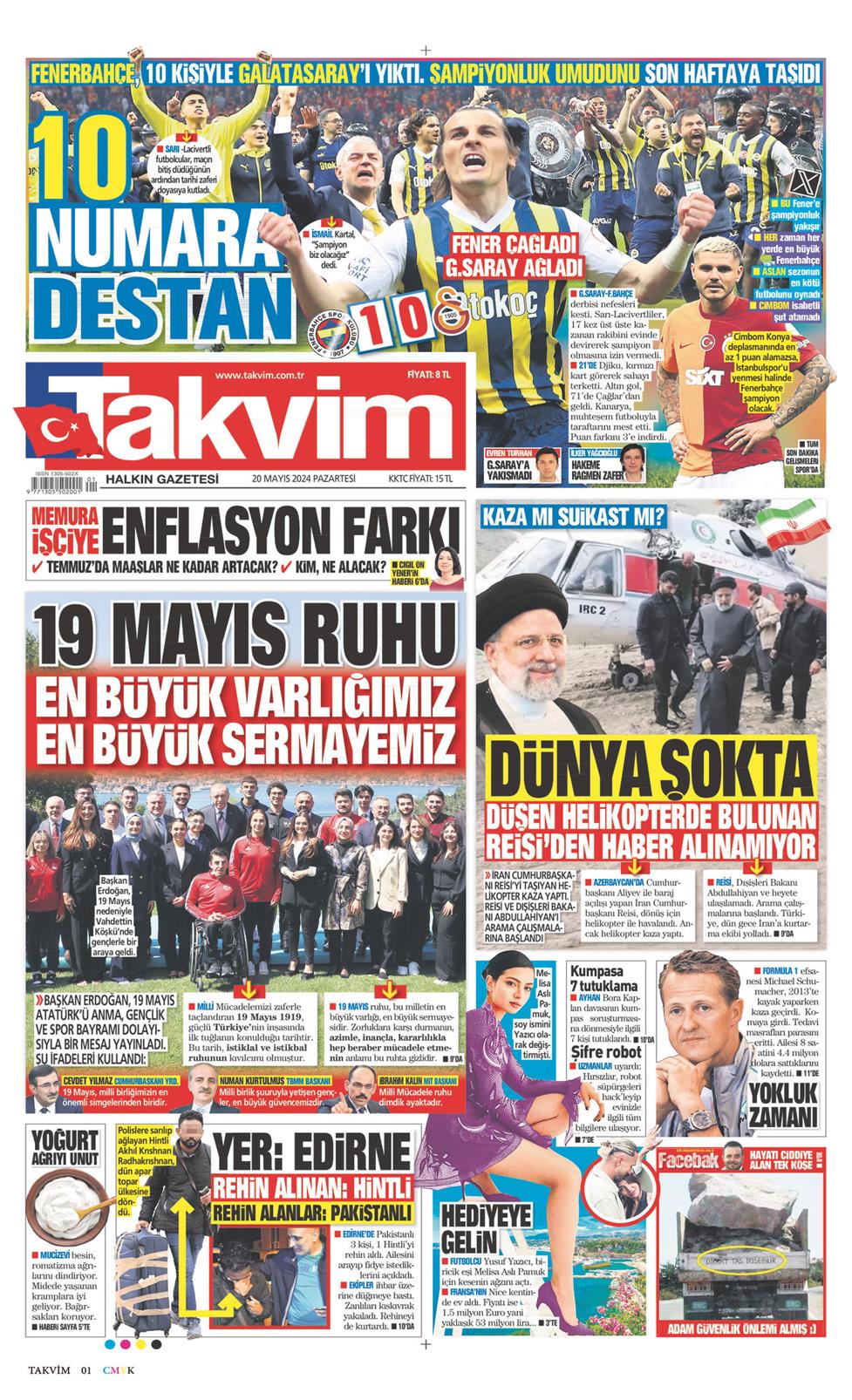 20 Mayıs 2024 Pazartesi - Takvim gazetesi manşet