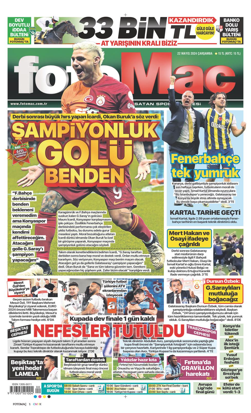 22 Mayıs 2024 Çarşamba - Fotomaç gazetesi manşet