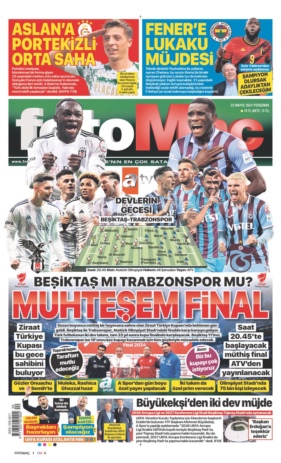 23 Mayıs 2024 Perşembe - Fotomaç gazetesi manşet