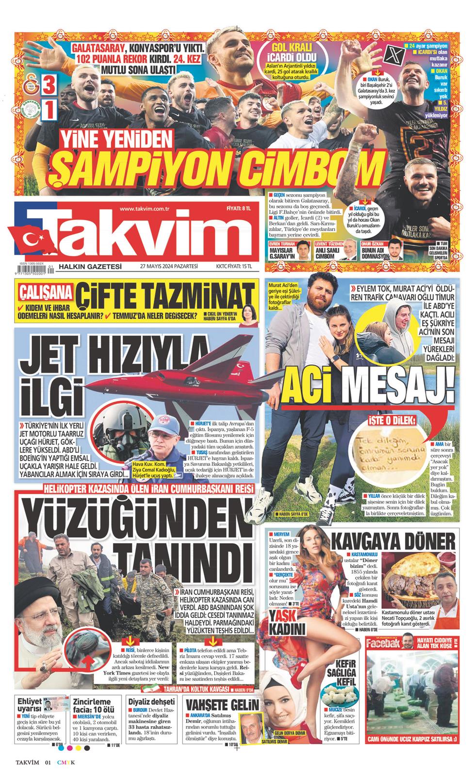 27 Mayıs 2024 Pazartesi - Takvim gazetesi manşet