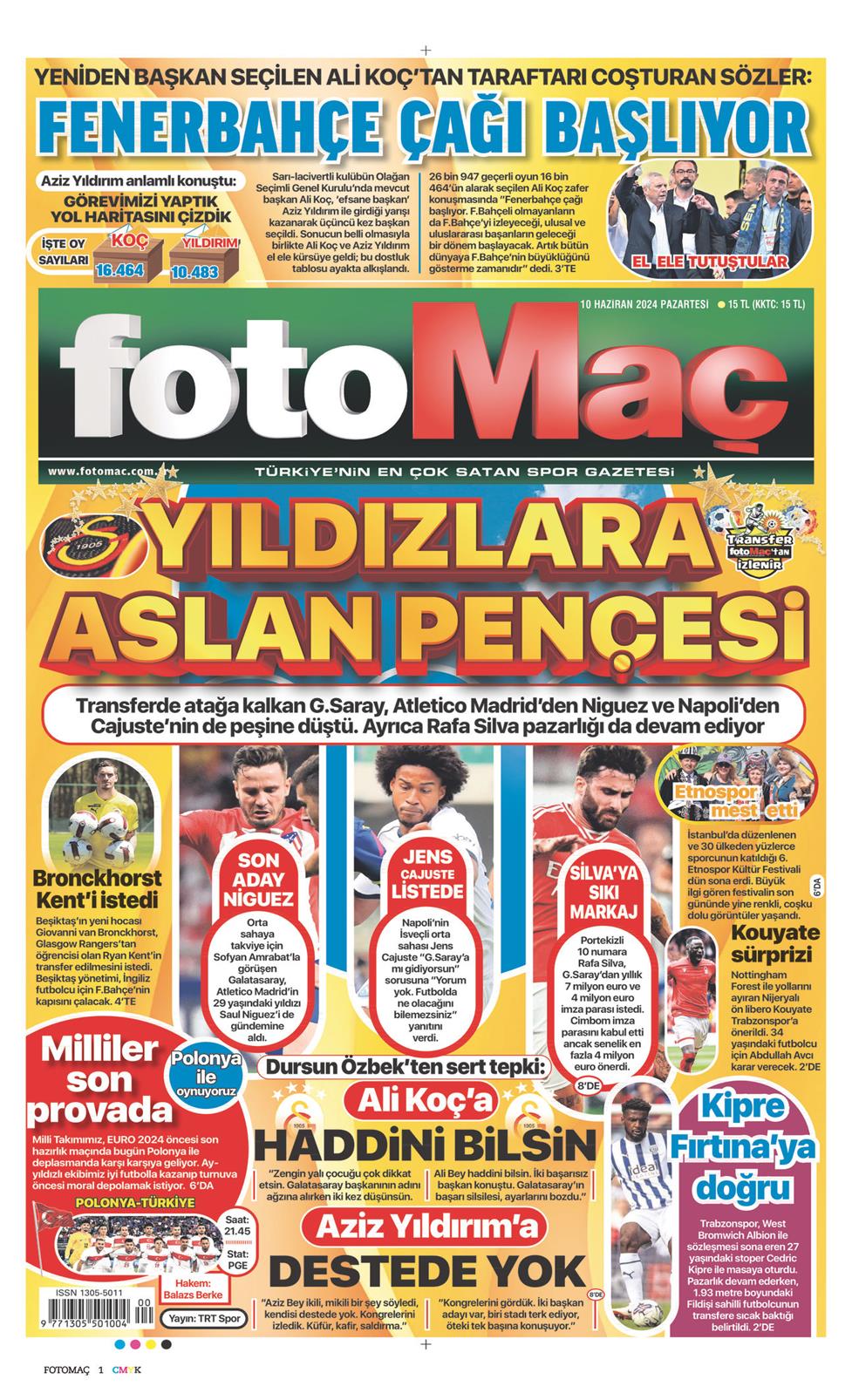 10 Haziran 2024 Pazartesi - Fotomaç gazetesi manşet