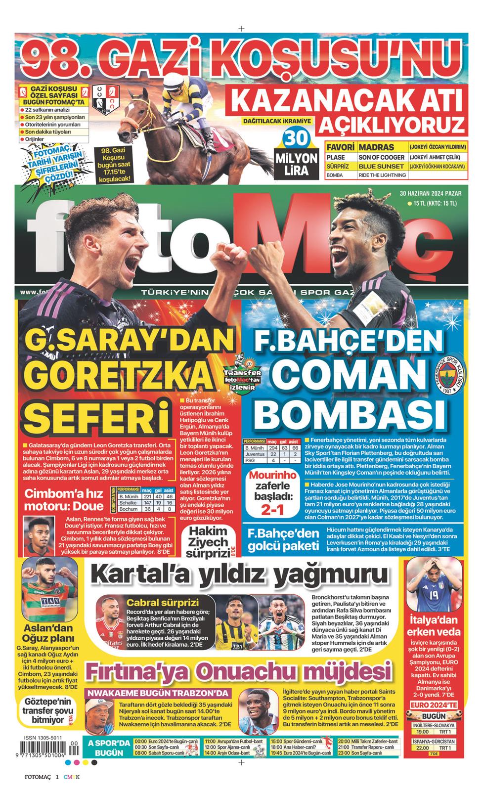 30 Haziran 2024 Pazar - Fotomaç gazetesi manşet