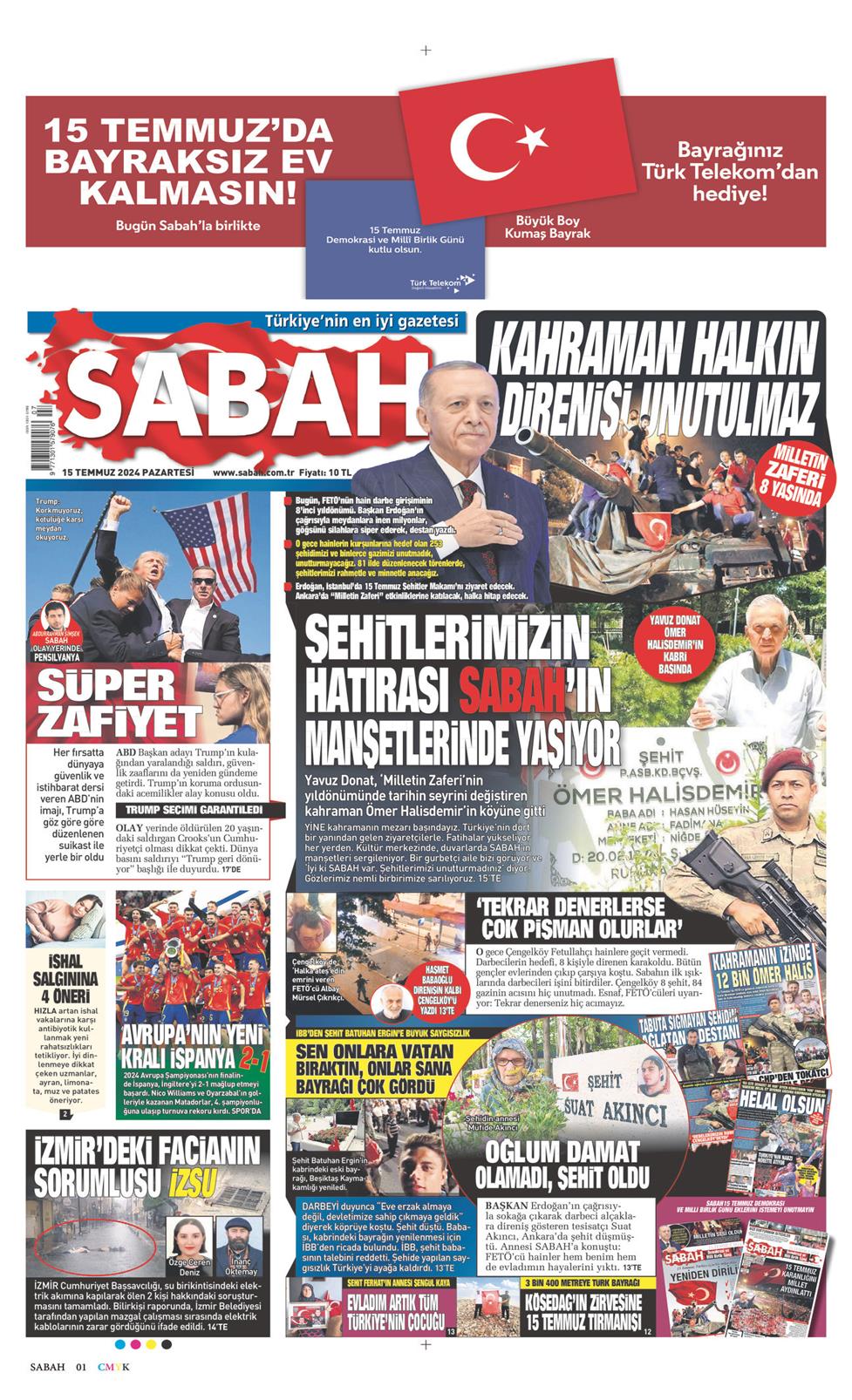 15 Temmuz 2024 Pazartesi - Sabah gazetesi manşet
