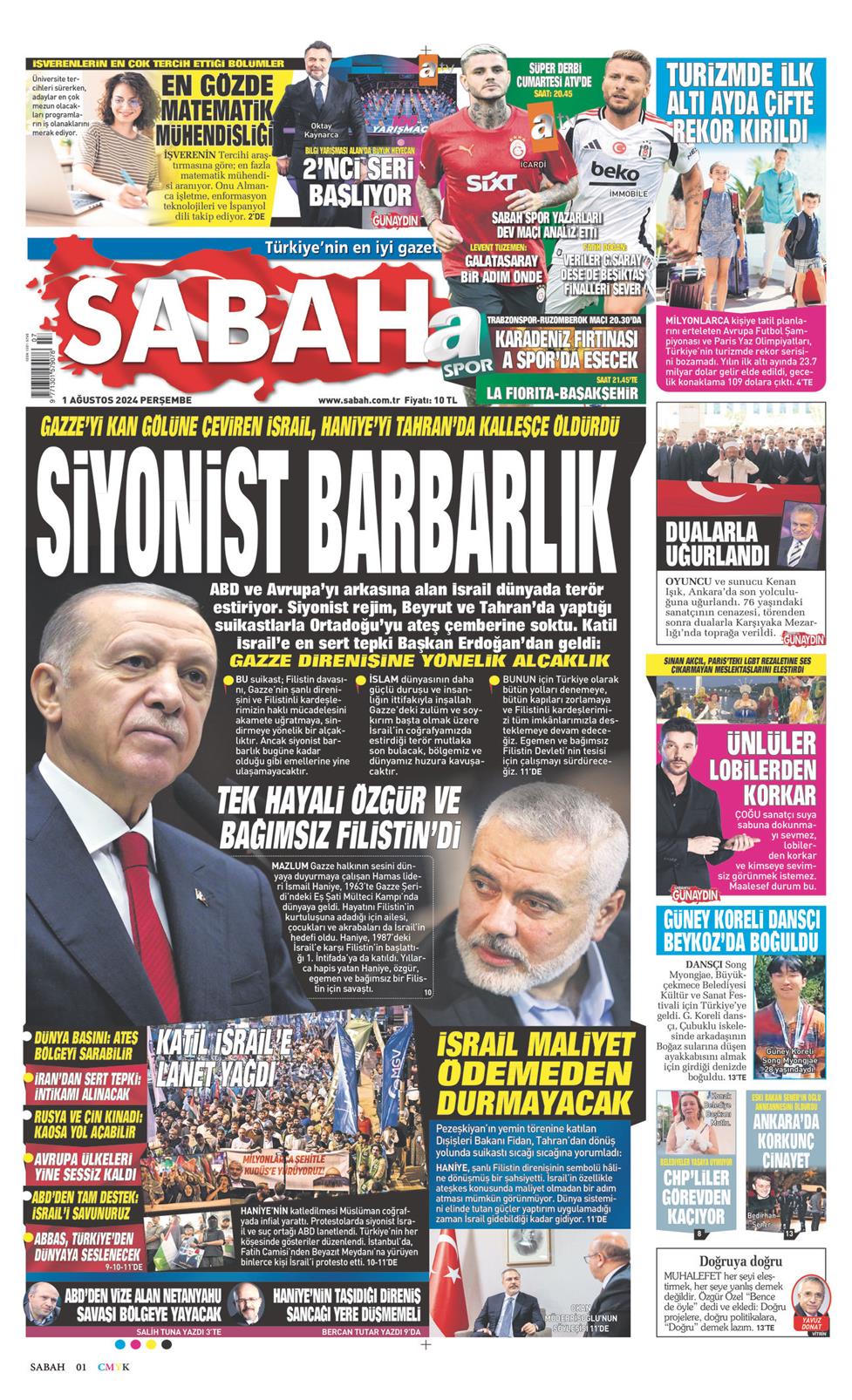 01 Ağustos 2024 Perşembe - Sabah gazetesi manşet
