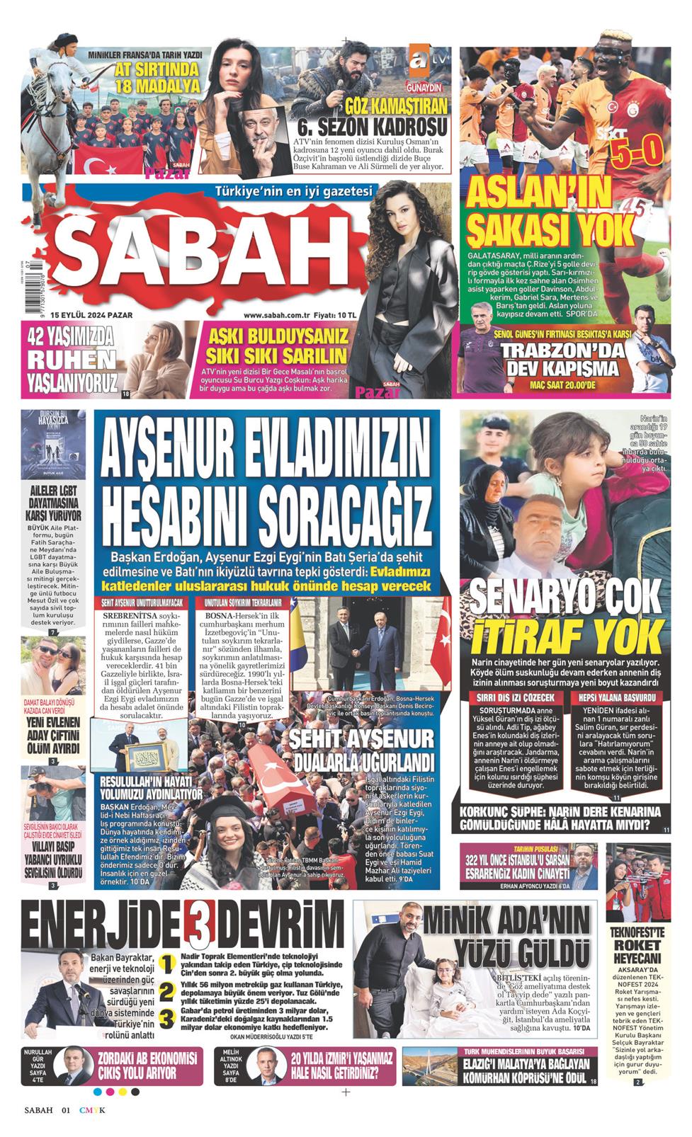 15 Eylül 2024 Pazar - Sabah gazetesi manşet
