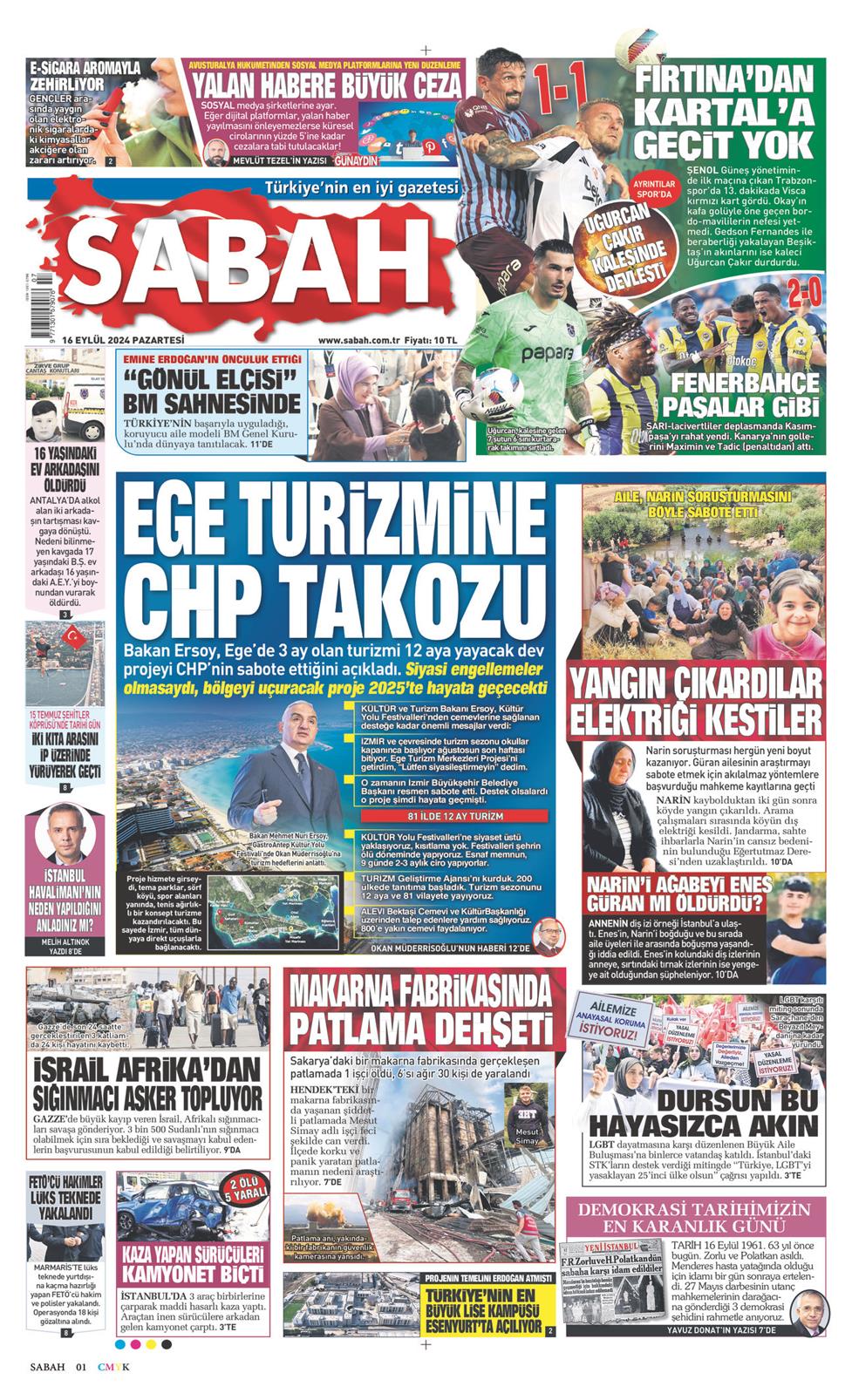 16 Eylül 2024 Pazartesi - Sabah gazetesi manşet