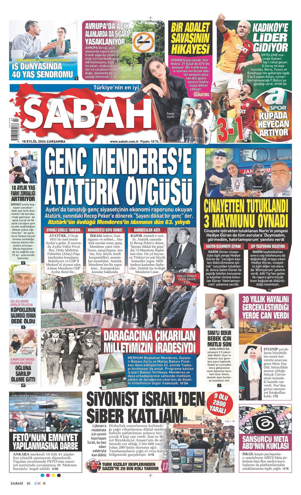 18 Eylül 2024 Çarşamba - Sabah gazetesi manşet