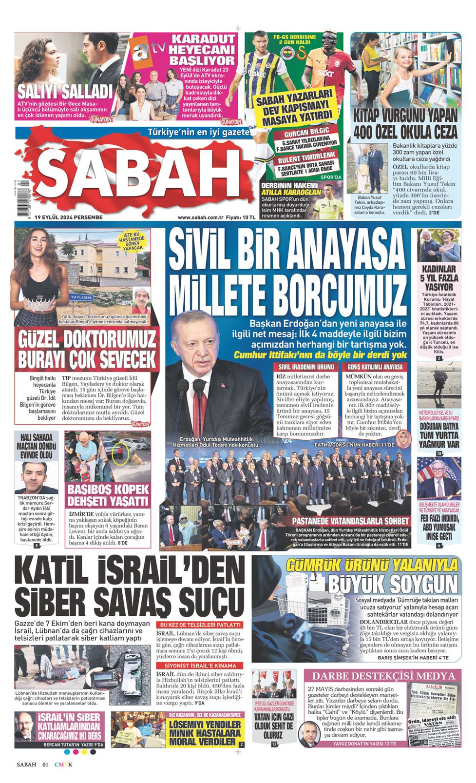 19 Eylül 2024 Perşembe - Sabah gazetesi manşet