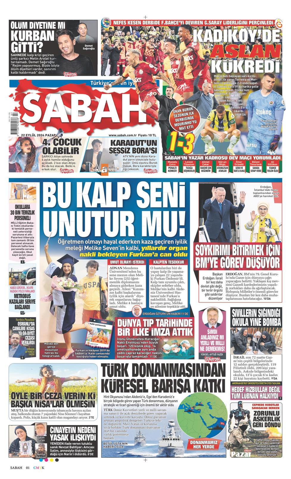 22 Eylül 2024 Pazar - Sabah gazetesi manşet