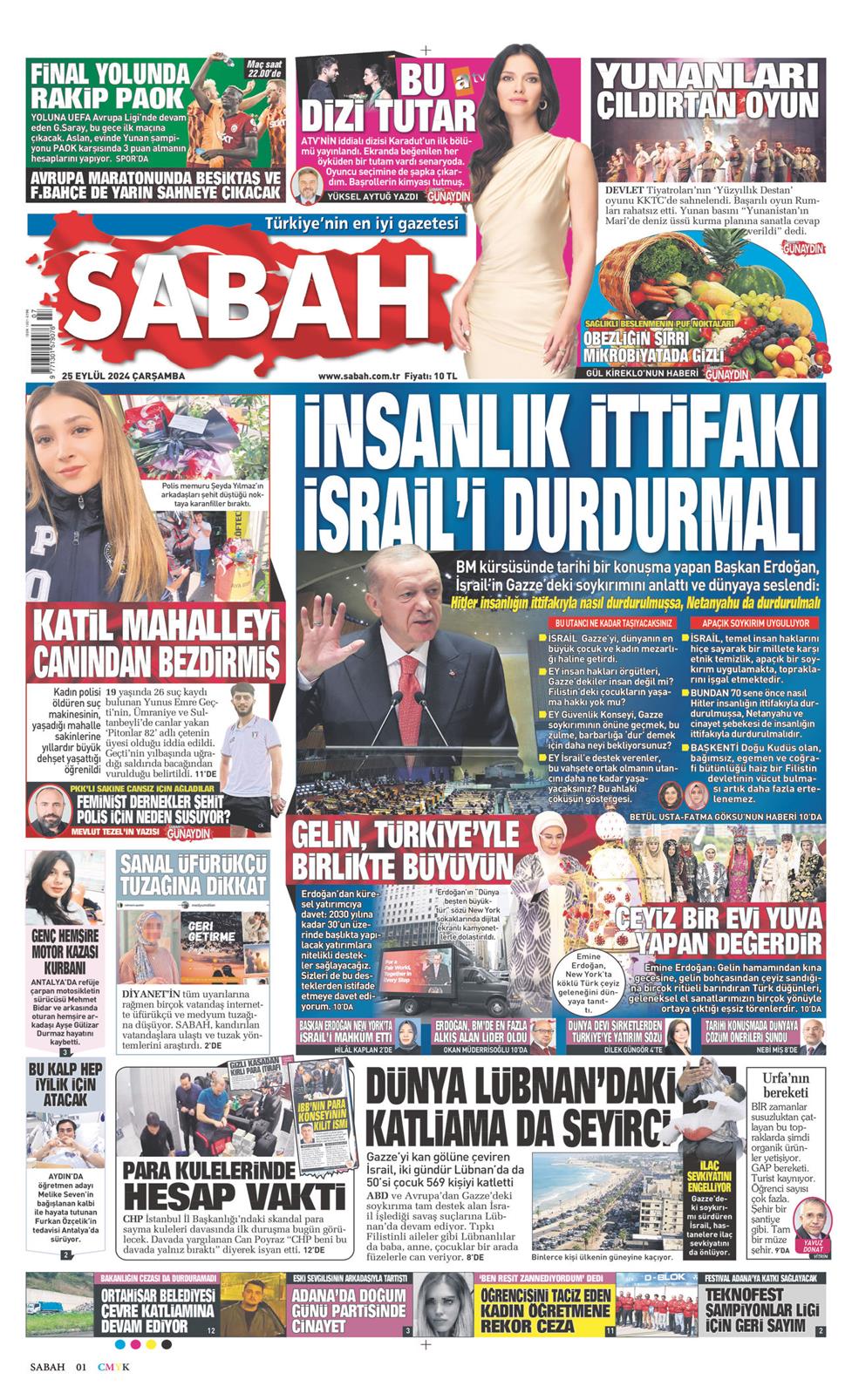 25 Eylül 2024 Çarşamba - Sabah gazetesi manşet