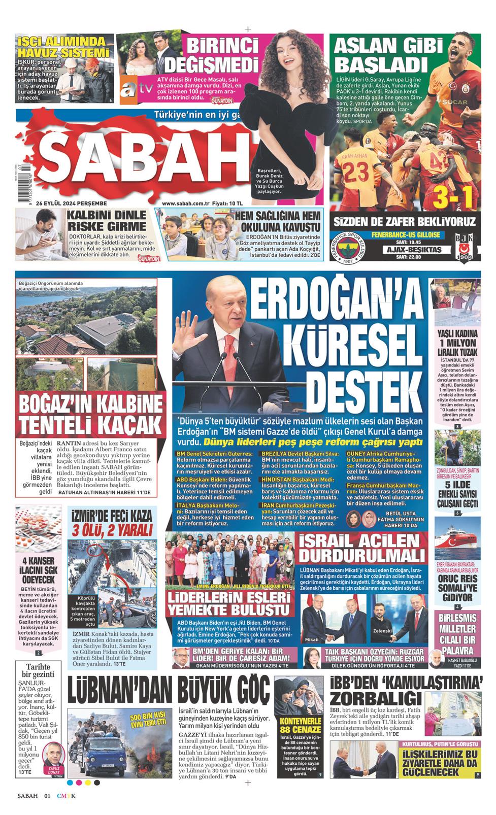 26 Eylül 2024 Perşembe - Sabah gazetesi manşet