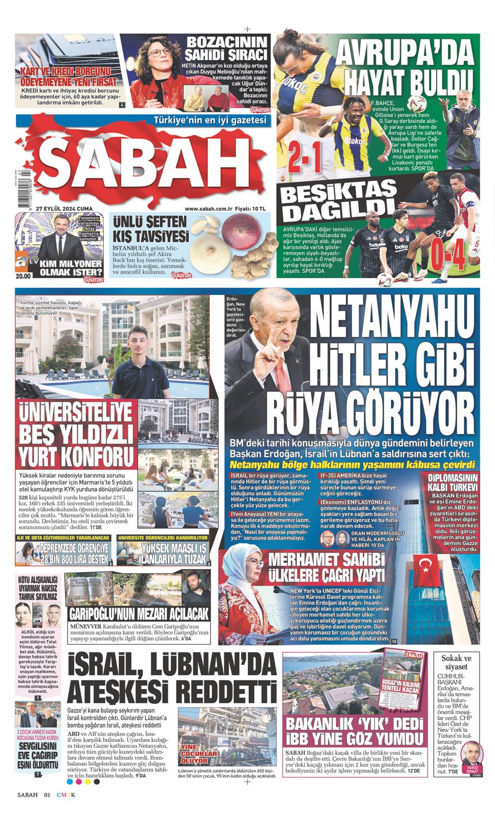 27 Eylül 2024 Cuma - Sabah gazetesi manşet