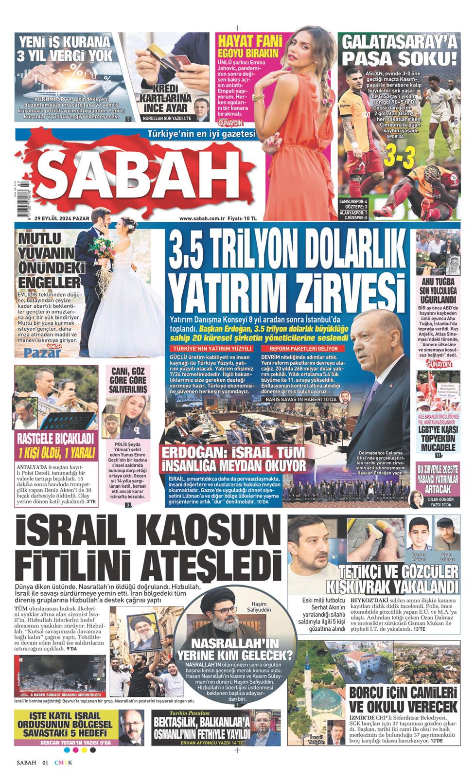 29 Eylül 2024 Pazar - Sabah gazetesi manşet