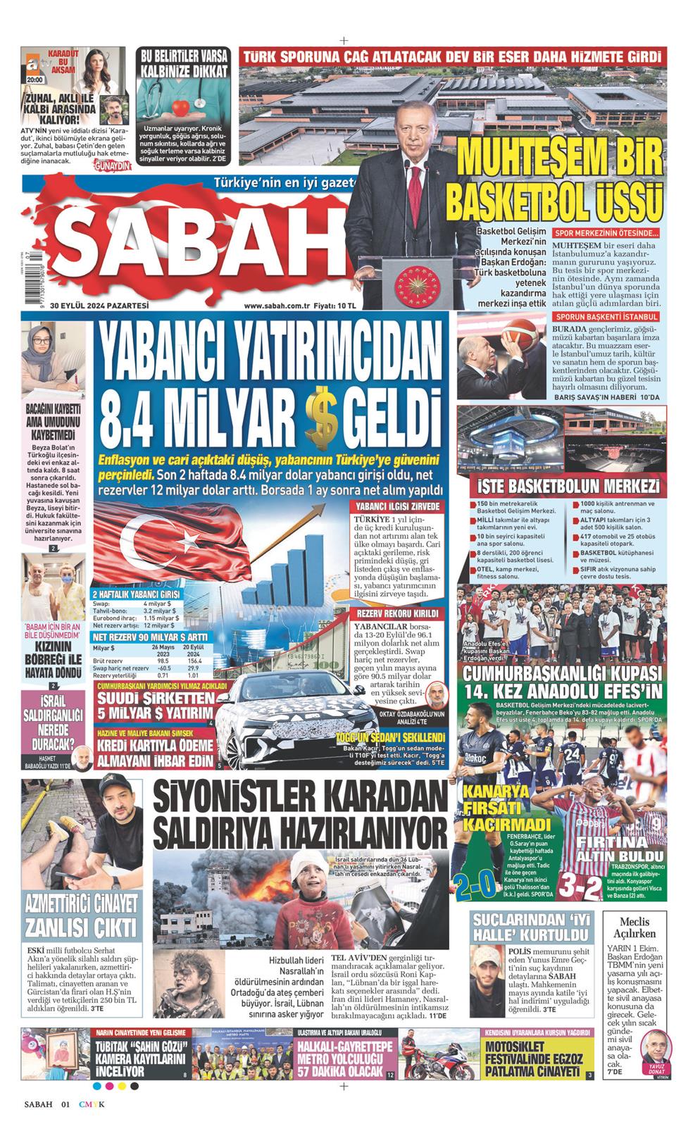 30 Eylül 2024 Pazartesi - Sabah gazetesi manşet