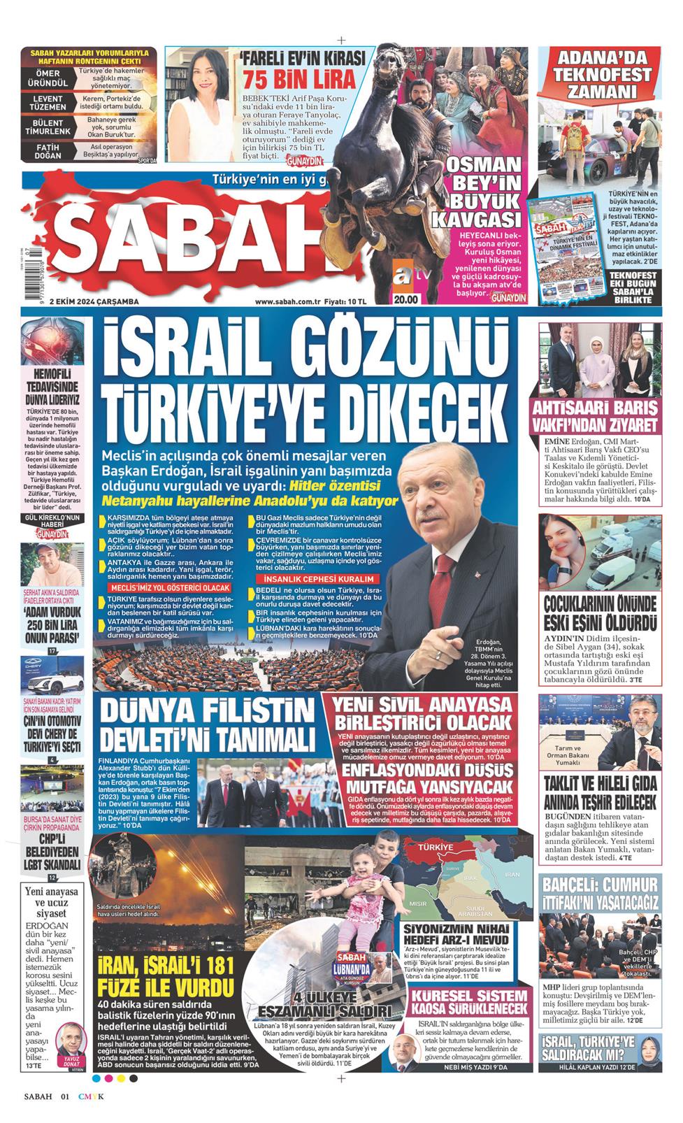 02 Ekim 2024 Çarşamba - Sabah gazetesi manşet
