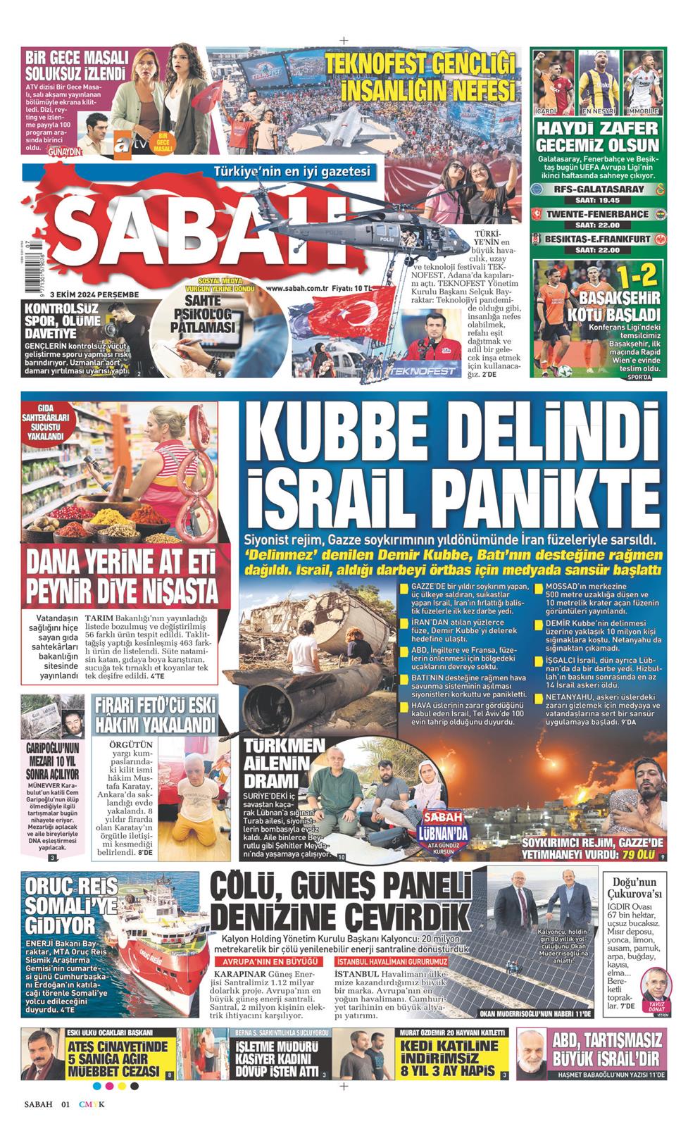 03 Ekim 2024 Perşembe - Sabah gazetesi manşet