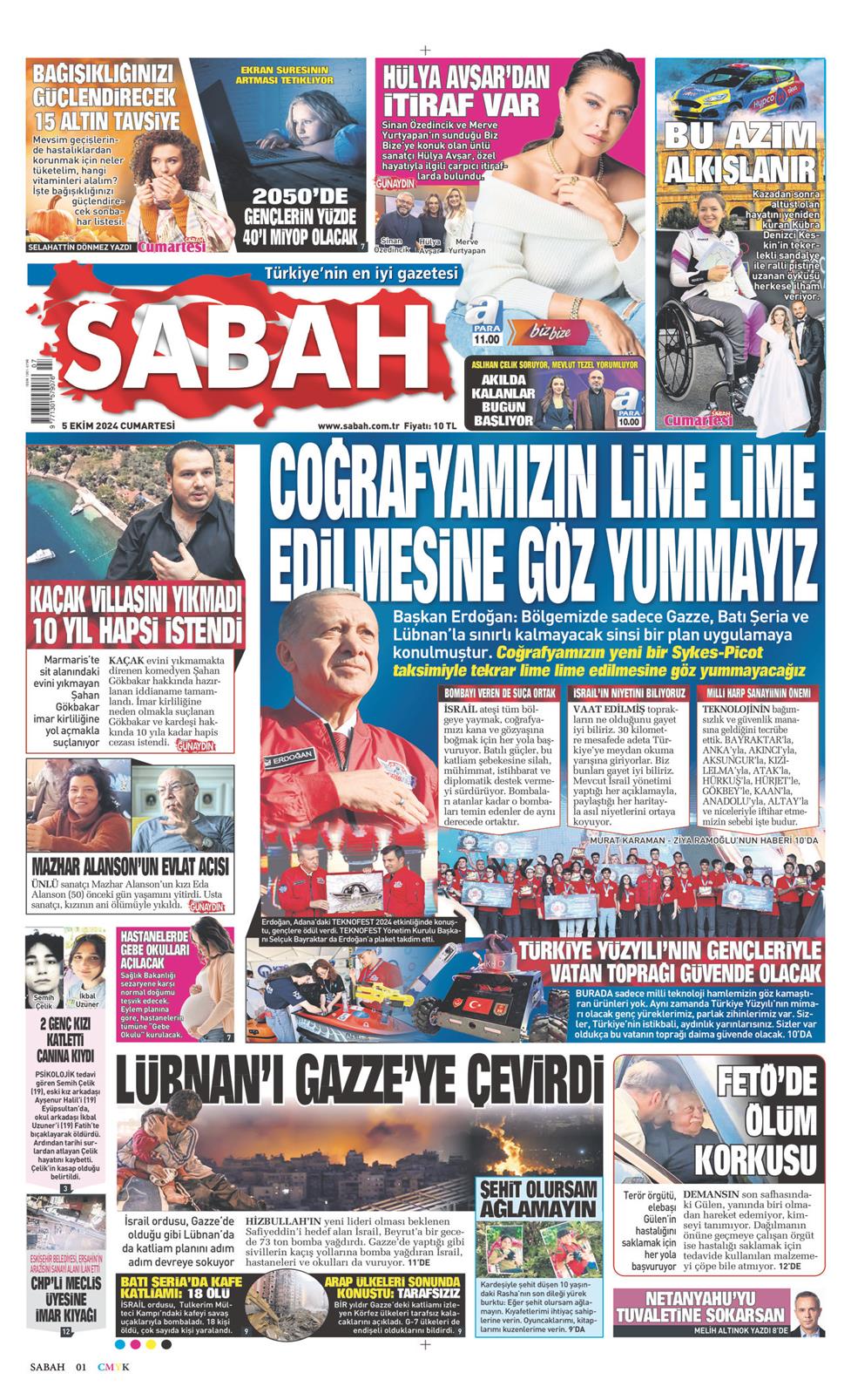 05 Ekim 2024 Cumartesi - Sabah gazetesi manşet