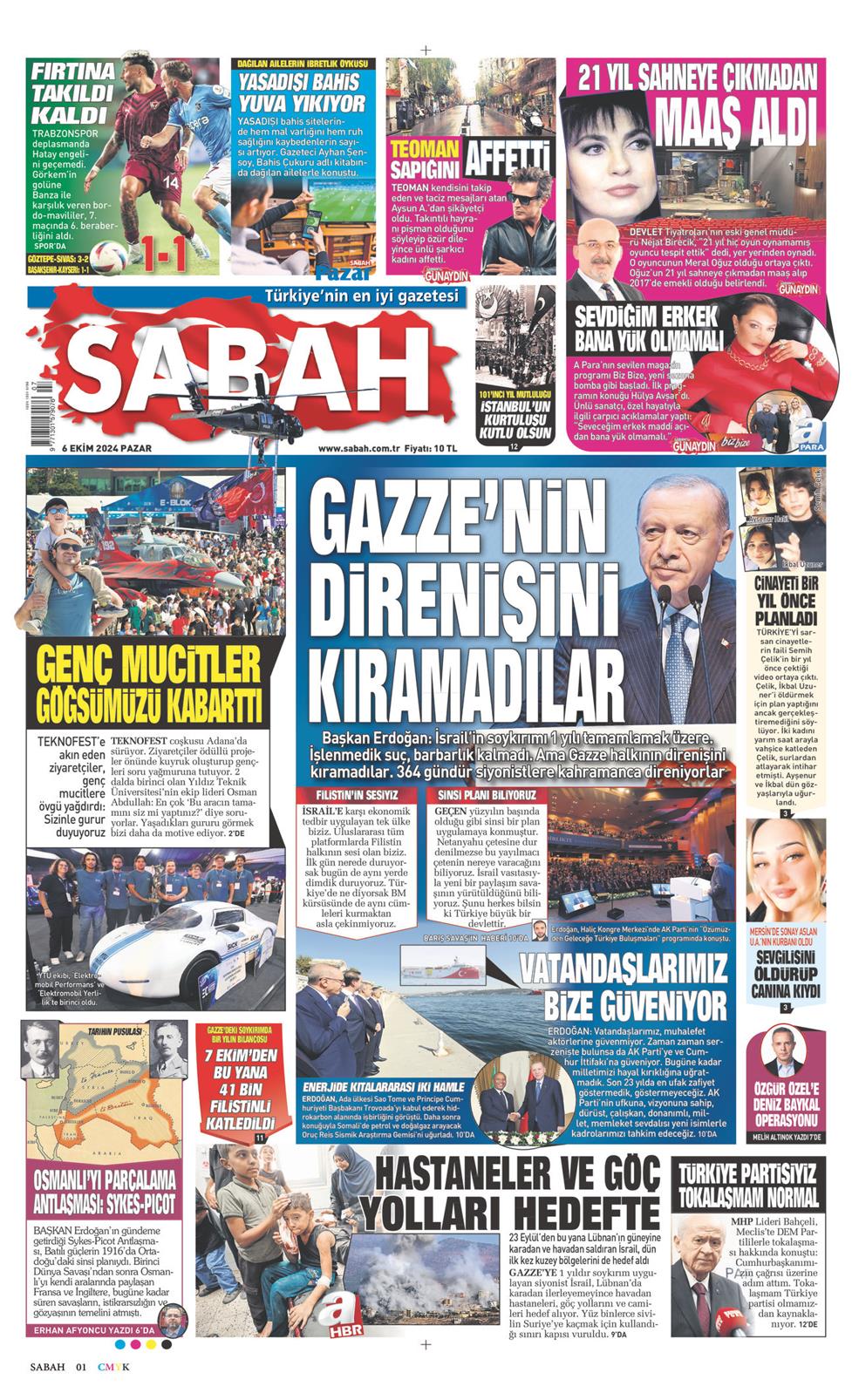 06 Ekim 2024 Pazar - Sabah gazetesi manşet