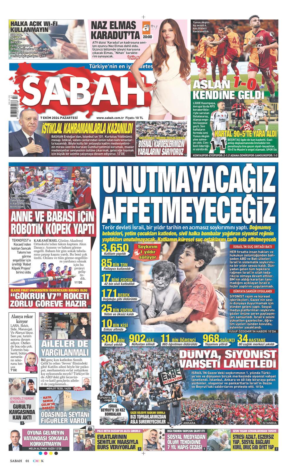 07 Ekim 2024 Pazartesi - Sabah gazetesi manşet