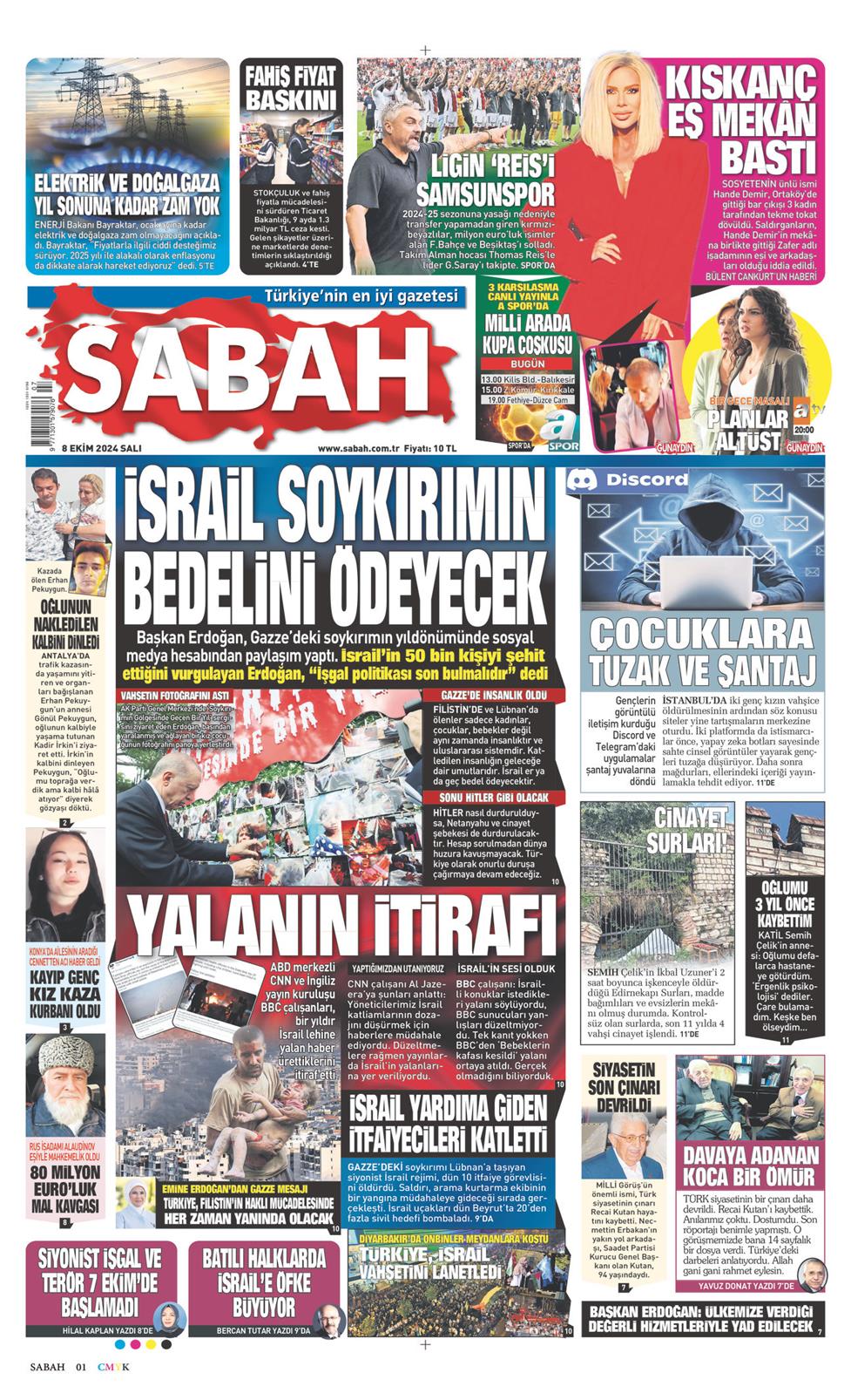08 Ekim 2024 Salı - Sabah gazetesi manşet