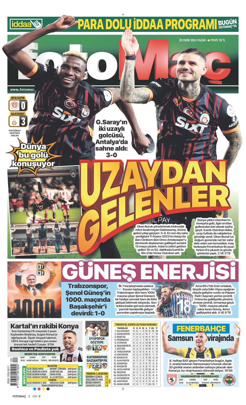 20 Ekim 2024 Pazar - Fotomaç gazetesi manşet