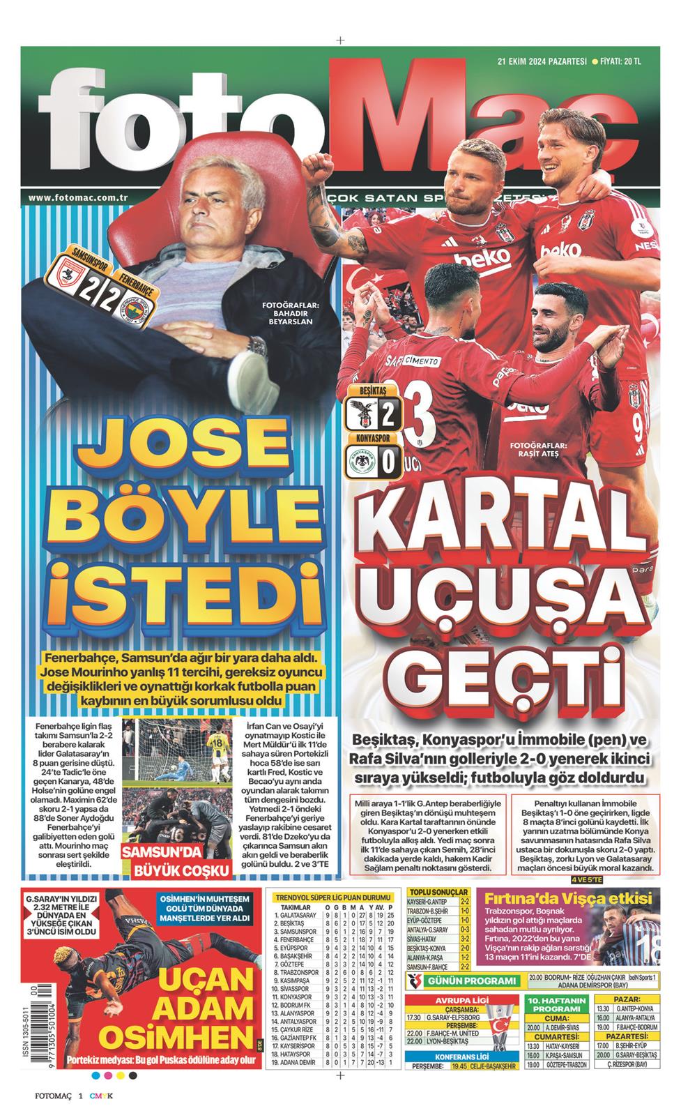 21 Ekim 2024 Pazartesi - Fotomaç gazetesi manşet