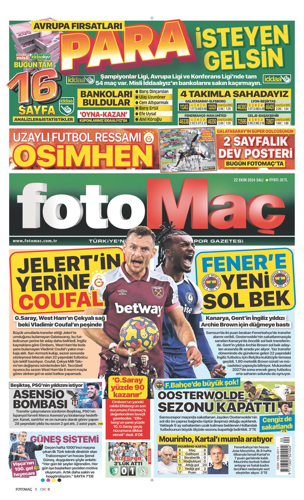 22 Ekim 2024 Salı - Fotomaç gazetesi manşet