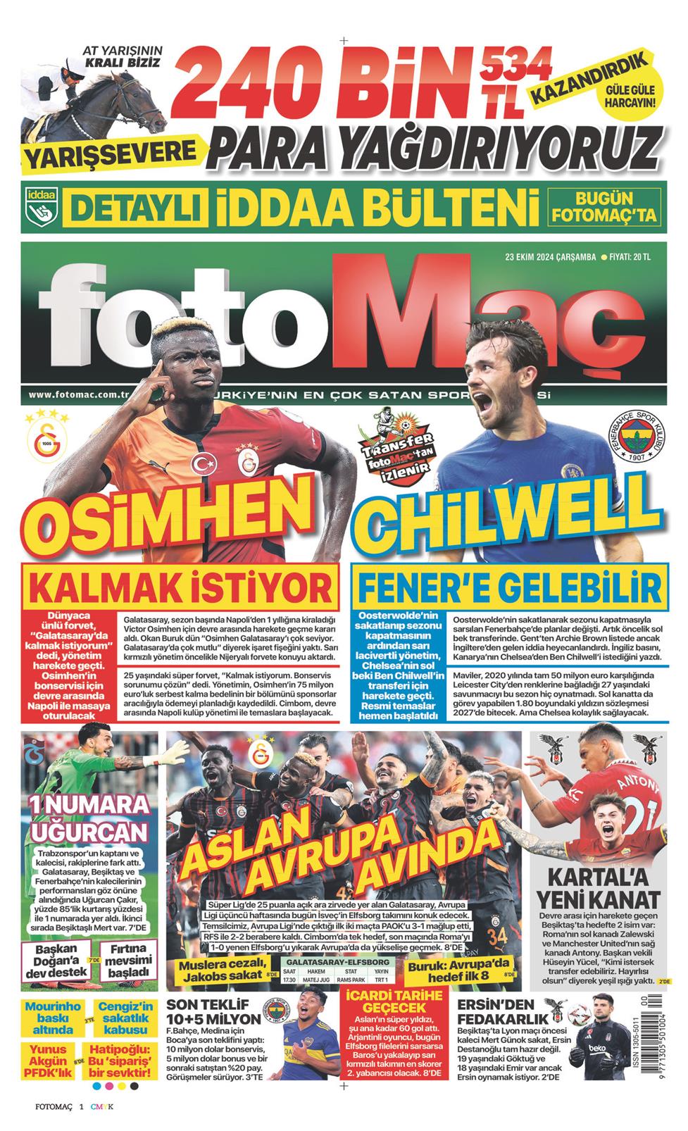 23 Ekim 2024 Çarşamba - Fotomaç gazetesi manşet