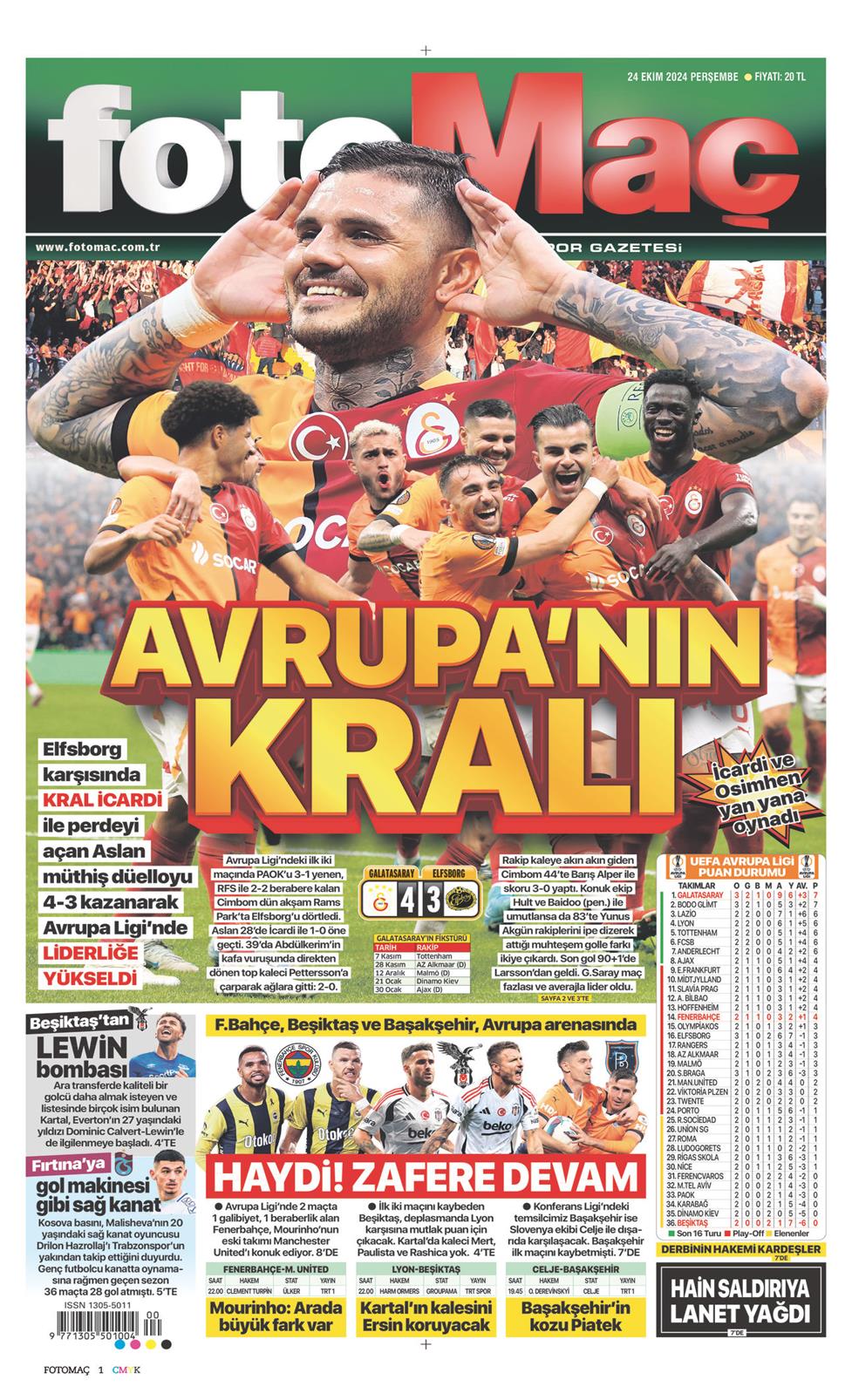 24 Ekim 2024 Perşembe - Fotomaç gazetesi manşet