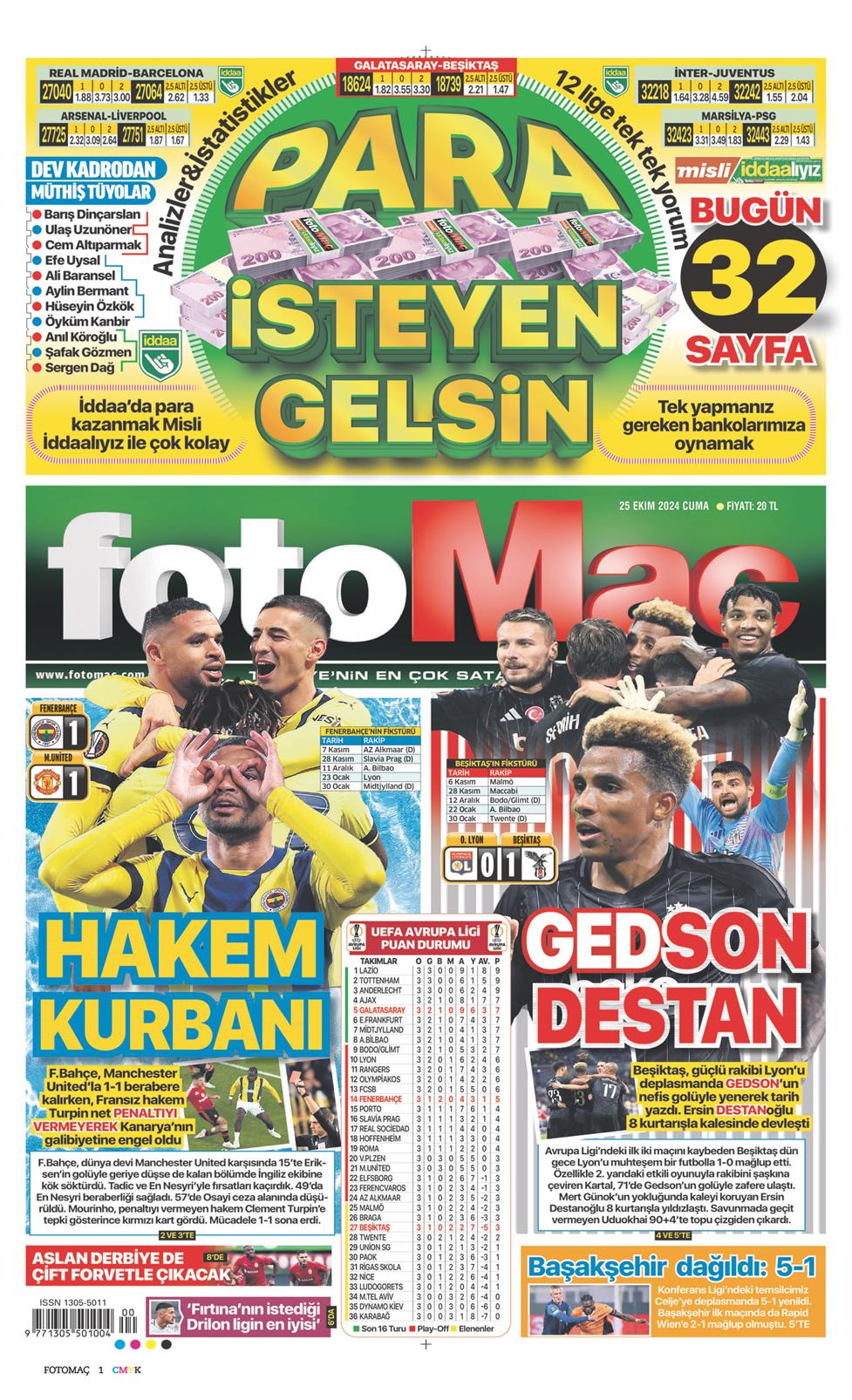 25 Ekim 2024 Cuma - Fotomaç gazetesi manşet