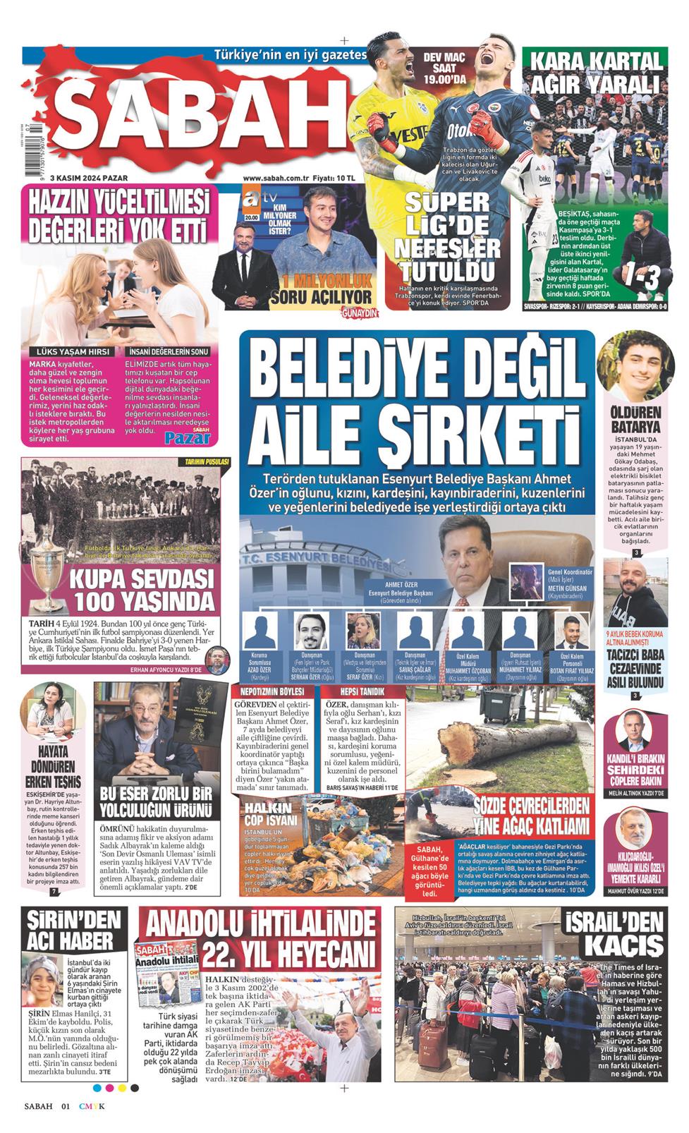 03 Kasım 2024 Pazar - Sabah gazetesi manşet