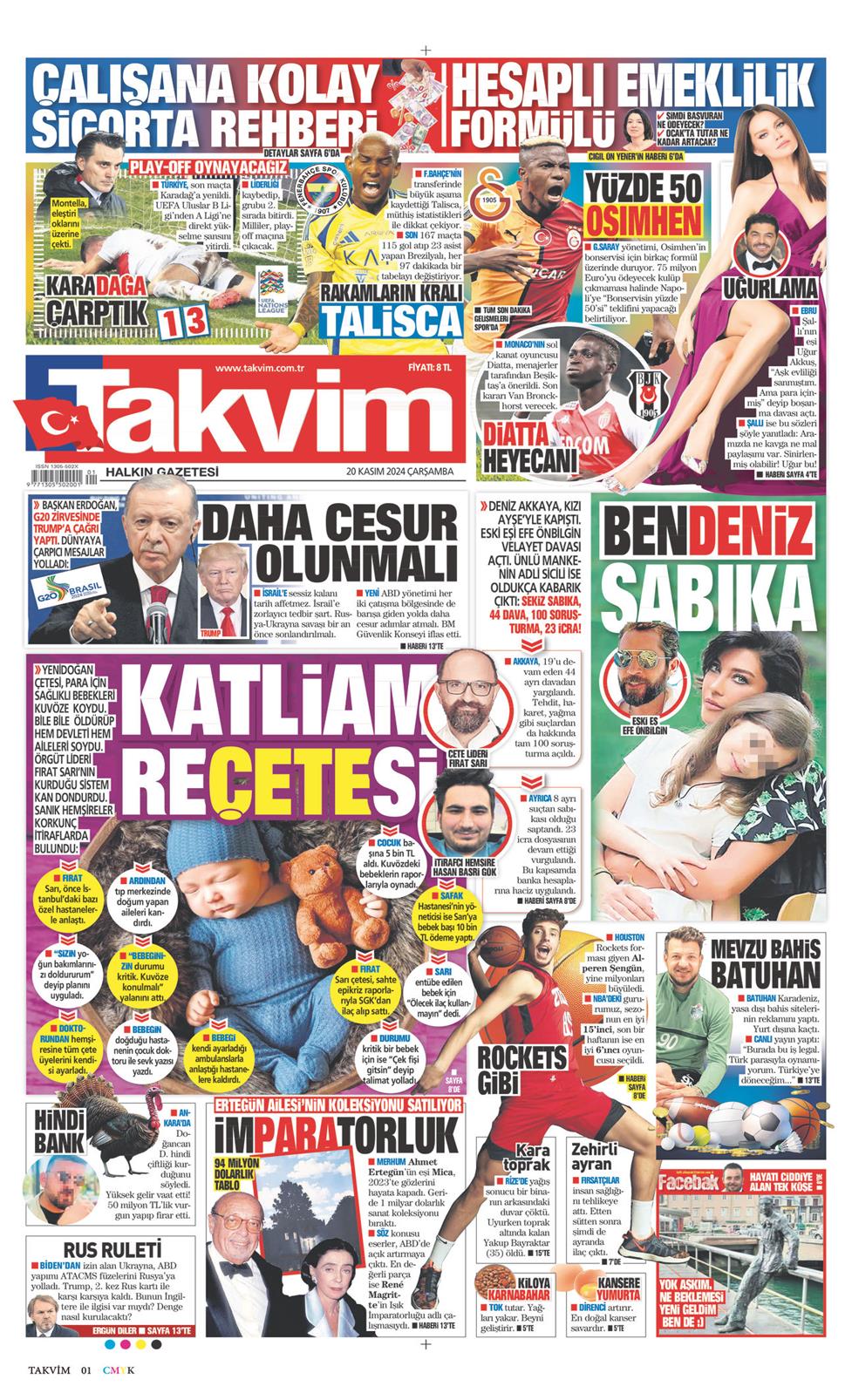 20 Kasım 2024 Çarşamba - Takvim gazetesi manşet