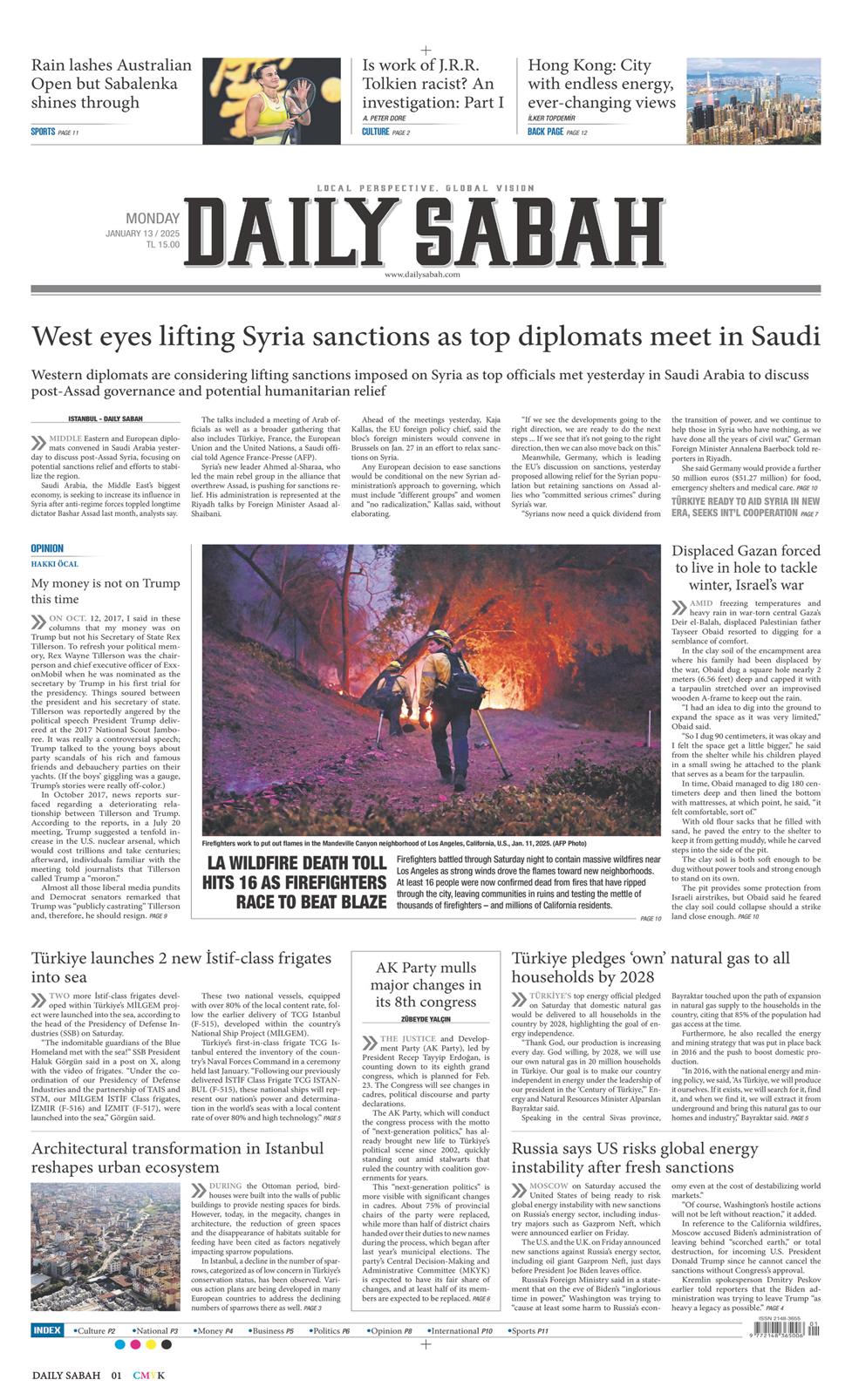 13 Ocak 2025 Pazartesi - Daily Sabah gazetesi manşet